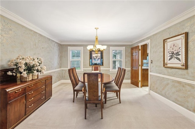 dining area featuring a chandelier, ornamental molding, and light carpet