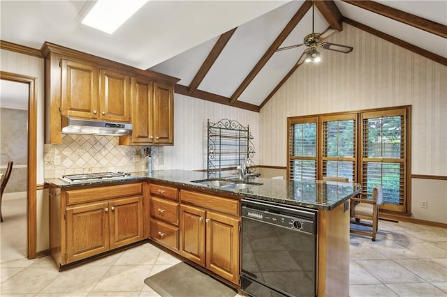 kitchen with black dishwasher, a sink, a peninsula, ceiling fan, and stainless steel gas stovetop