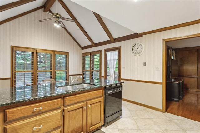 3298 Robinson Oaks Way NE, Marietta, GA 30062 - kitchen with black dishwasher, a sink, a ceiling fan, dark stone counters, and brown cabinetry