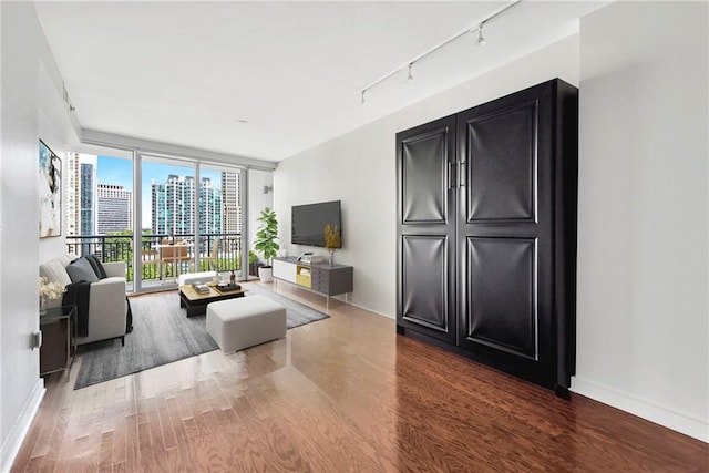 living room with rail lighting, floor to ceiling windows, and hardwood / wood-style flooring