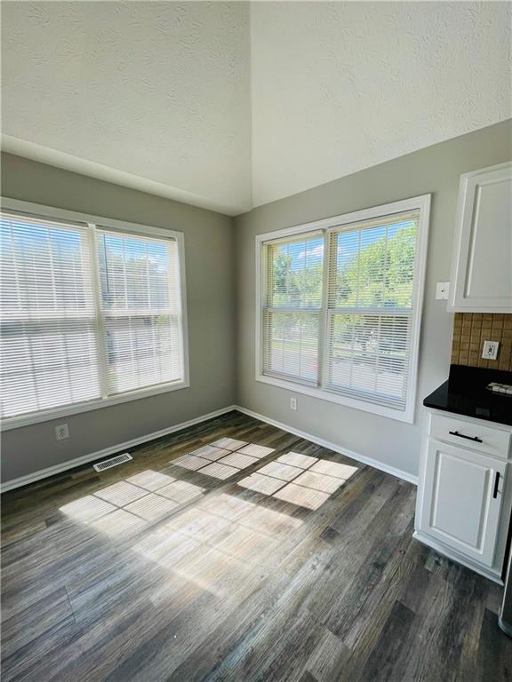 350 Fall View Ct, Winder, GA 30680 - unfurnished dining area featuring vaulted ceiling, dark wood-type flooring, baseboards, and a textured ceiling