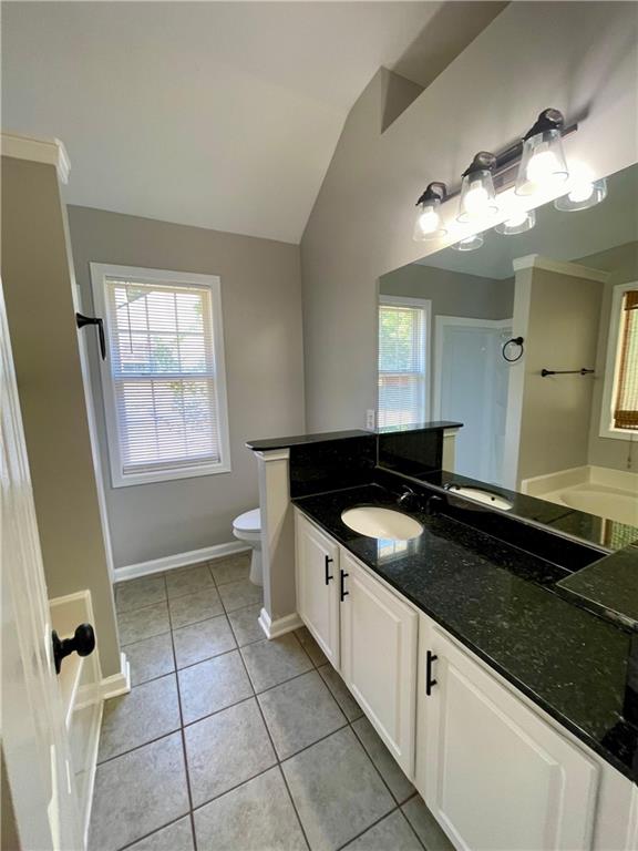 350 Fall View Ct, Winder, GA 30680 - bathroom featuring toilet, healthy amount of natural light, vanity, lofted ceiling, and baseboards