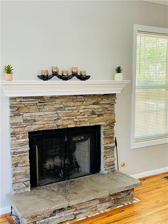 350 Fall View Ct, Winder, GA 30680 - detailed view of a stone fireplace, baseboards, and wood finished floors