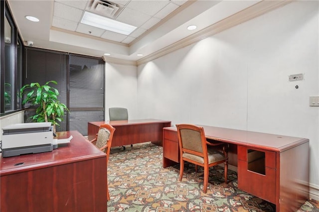 home office with a tray ceiling, crown molding, recessed lighting, visible vents, and a drop ceiling