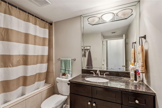 full bath with shower / bath combination with curtain, visible vents, vanity, and toilet