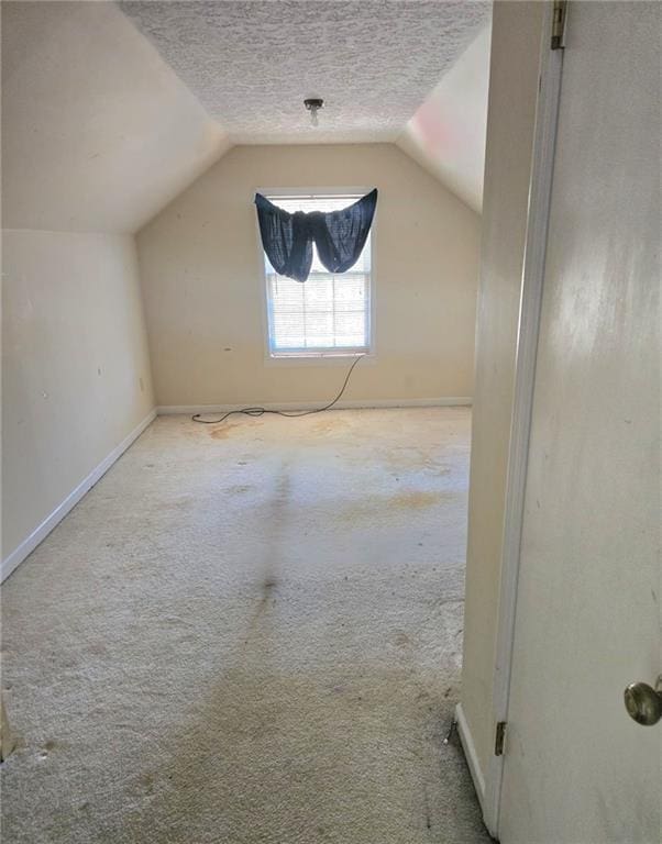 additional living space featuring a textured ceiling, light colored carpet, and vaulted ceiling