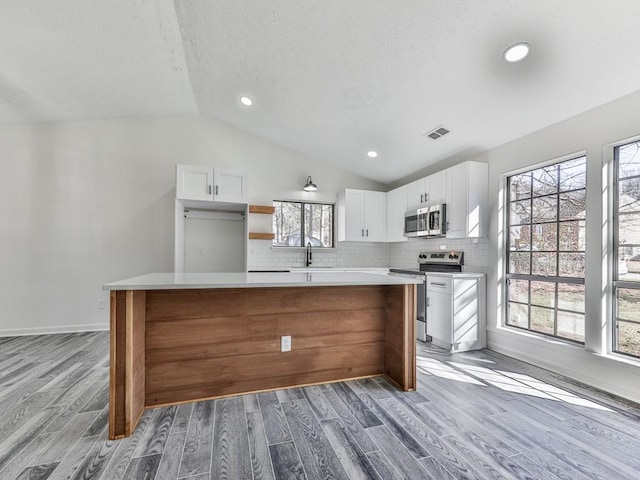 kitchen featuring white cabinets, wood-type flooring, a center island, and stainless steel appliances