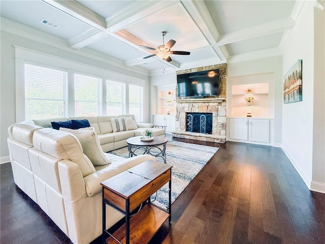724 Laura Jean Ct, Buford, GA 30518 - living area featuring baseboards, dark wood-style flooring, a fireplace, ceiling fan, and coffered ceiling