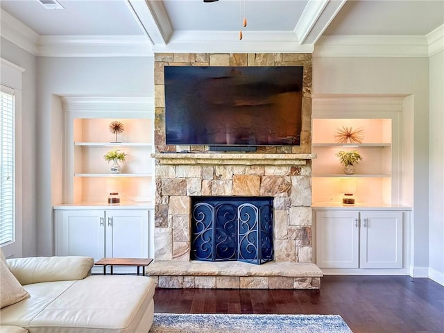 724 Laura Jean Ct, Buford, GA 30518 - living room featuring dark wood-type flooring, a stone fireplace, crown molding, and built in features