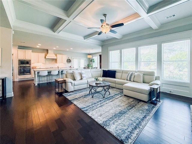 724 Laura Jean Ct, Buford, GA 30518 - living room with a ceiling fan, recessed lighting, coffered ceiling, beam ceiling, and dark wood-style flooring