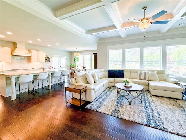 724 Laura Jean Ct, Buford, GA 30518 - living area featuring dark wood finished floors, beamed ceiling, a ceiling fan, coffered ceiling, and recessed lighting