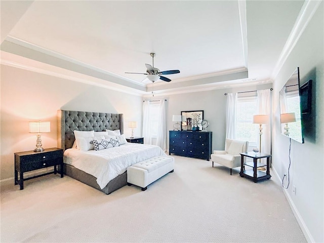 724 Laura Jean Ct, Buford, GA 30518 - bedroom with a raised ceiling, carpet, ornamental molding, ceiling fan, and baseboards