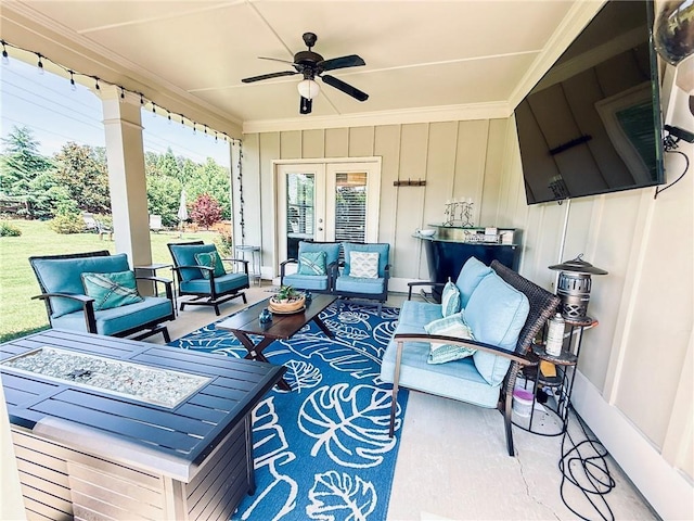 724 Laura Jean Ct, Buford, GA 30518 - view of patio with an outdoor living space with a fire pit, a ceiling fan, and french doors