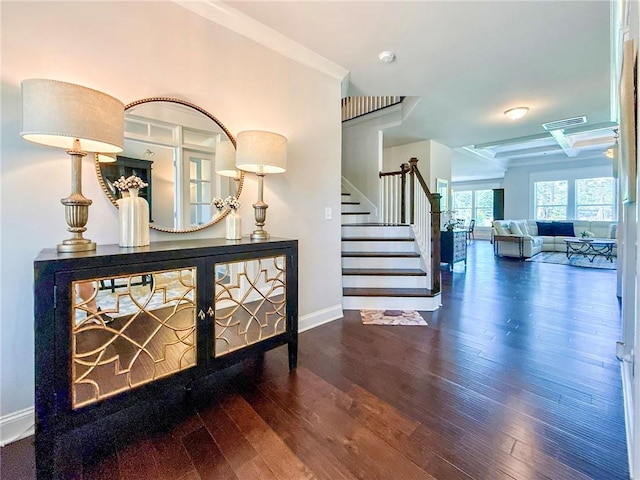 724 Laura Jean Ct, Buford, GA 30518 - staircase with wood finished floors, baseboards, crown molding, and beam ceiling