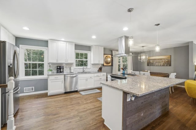 kitchen with wood finished floors, appliances with stainless steel finishes, island exhaust hood, and visible vents