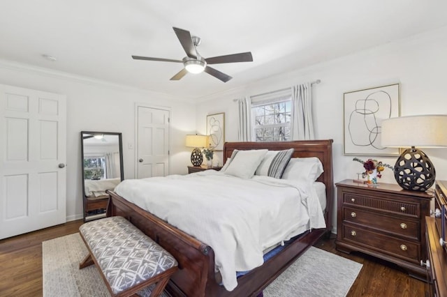 bedroom featuring crown molding, a ceiling fan, and dark wood-type flooring