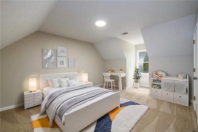 bedroom with carpet, lofted ceiling, and baseboards
