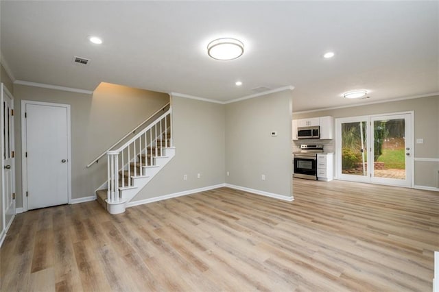 unfurnished living room with ornamental molding, light wood-type flooring, stairs, recessed lighting, and baseboards