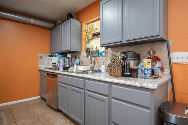 kitchen with light countertops, tasteful backsplash, and gray cabinetry