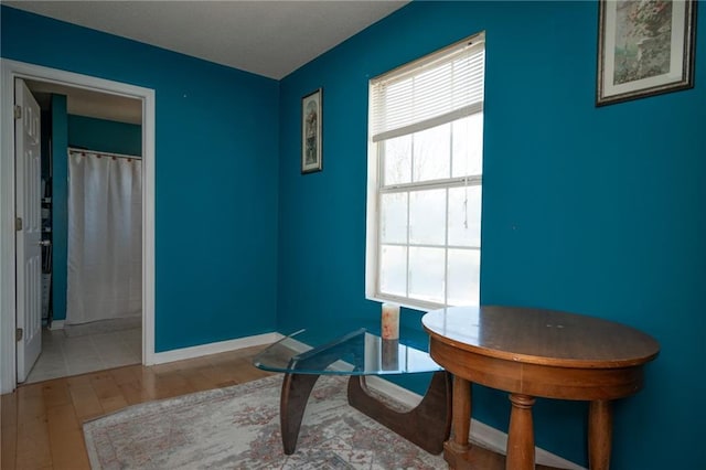 living area with baseboards, wood finished floors, and a healthy amount of sunlight