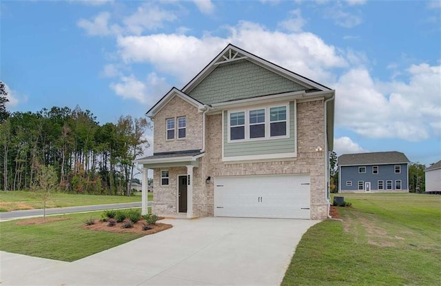 craftsman-style house with a garage and a front lawn