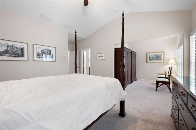 bedroom with lofted ceiling, light carpet, and ceiling fan