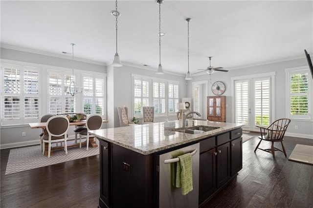 244 Rope Mill Rd, Woodstock, GA 30188 - kitchen featuring stainless steel dishwasher, crown molding, a sink, dark wood-style floors, and ceiling fan