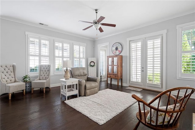 244 Rope Mill Rd, Woodstock, GA 30188 - sitting room featuring a ceiling fan, dark wood-type flooring, crown molding, and baseboards