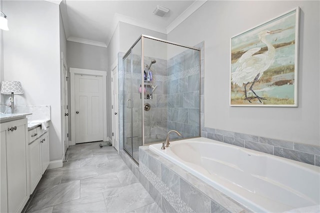 244 Rope Mill Rd, Woodstock, GA 30188 - bathroom with vanity, crown molding, a bath, a stall shower, and baseboards