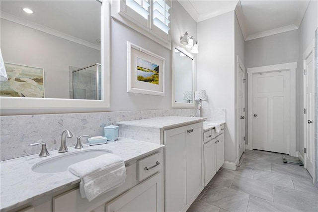 244 Rope Mill Rd, Woodstock, GA 30188 - bathroom with vanity, crown molding, a shower with door, recessed lighting, and baseboards
