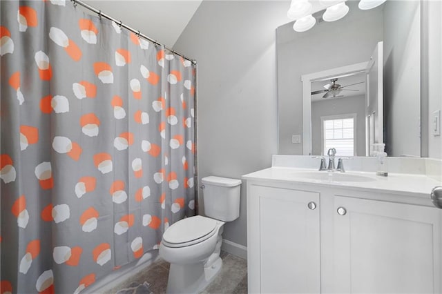 244 Rope Mill Rd, Woodstock, GA 30188 - full bath featuring toilet, ceiling fan, vanity, and a shower with shower curtain