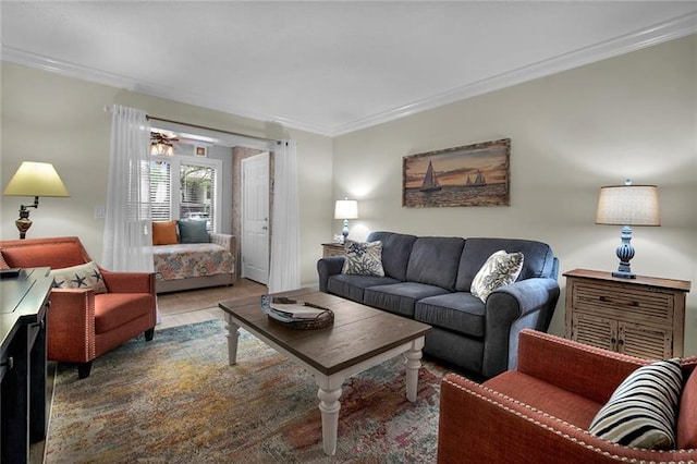 tiled living room featuring ornamental molding