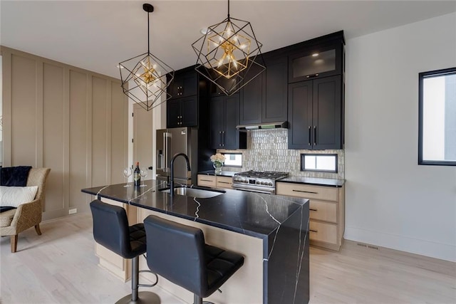 kitchen with premium appliances, a chandelier, light wood-style floors, under cabinet range hood, and a sink