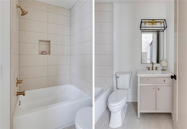 full bath with toilet, shower / washtub combination, vanity, and tile patterned floors