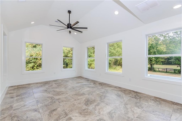 spare room featuring ceiling fan and lofted ceiling