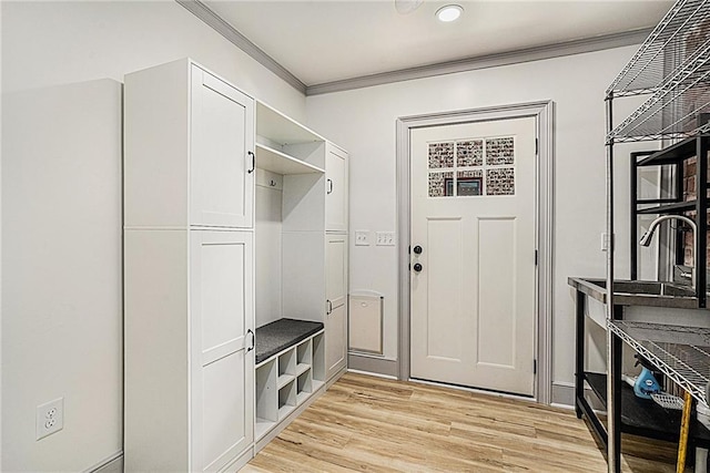 mudroom featuring ornamental molding and light hardwood / wood-style flooring