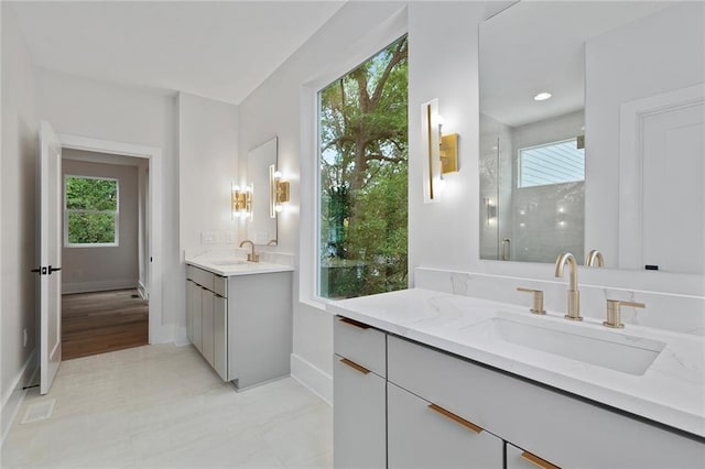 bathroom featuring hardwood / wood-style floors, vanity, and walk in shower