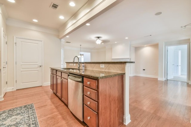 kitchen with stainless steel dishwasher, a sink, brown cabinetry, light wood-style floors, and ornamental molding