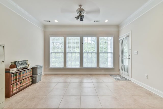 unfurnished room with a ceiling fan, ornamental molding, light tile patterned flooring, baseboards, and recessed lighting