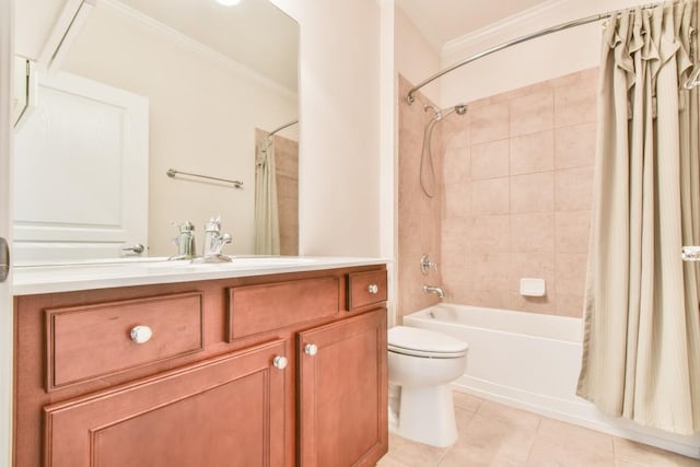 bathroom with ornamental molding, tile patterned flooring, toilet, shower / bath combo, and vanity