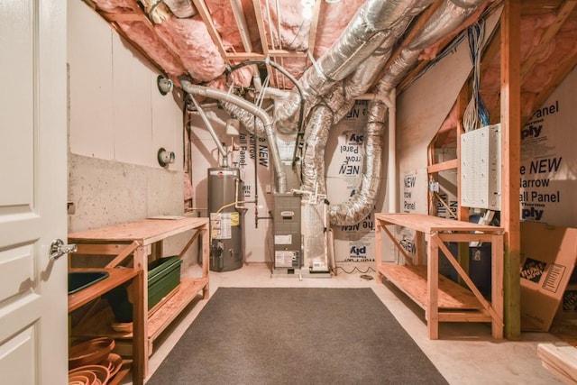 unfinished below grade area with gas water heater and heating unit