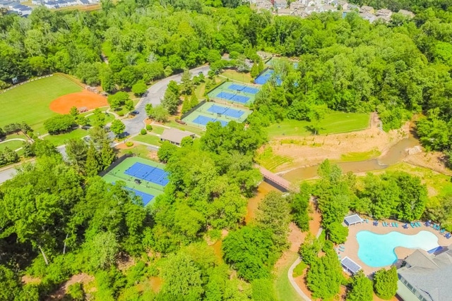 drone / aerial view of a pool area