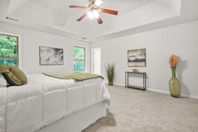 6571 Splitpine Ct, Atlanta, GA 30349 - carpeted bedroom with a raised ceiling, multiple windows, baseboards, and a ceiling fan