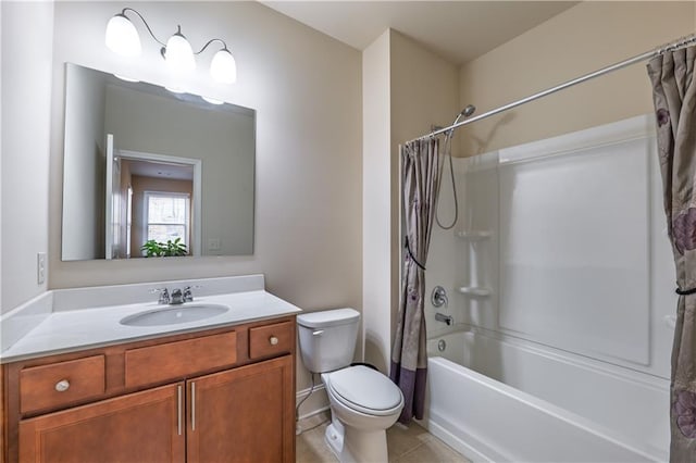 bathroom featuring shower / tub combo, vanity, toilet, and tile patterned floors