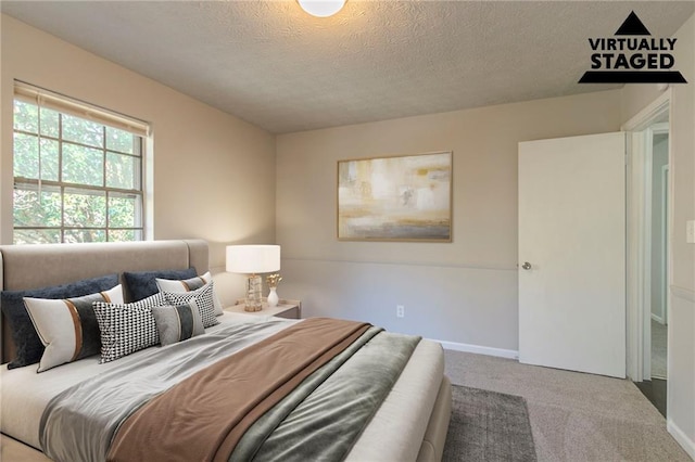 bedroom with carpet floors and a textured ceiling