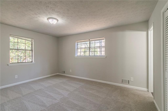 unfurnished bedroom with multiple windows, light colored carpet, and a textured ceiling