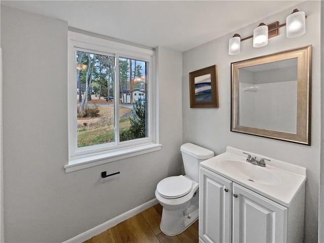 bathroom featuring vanity, hardwood / wood-style floors, and toilet