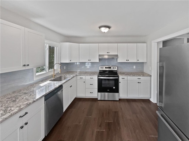 kitchen featuring white cabinetry, sink, stainless steel appliances, and dark hardwood / wood-style floors