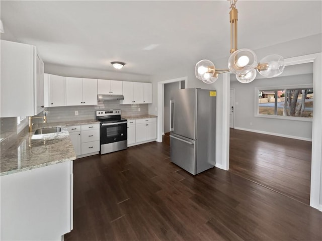 kitchen with sink, appliances with stainless steel finishes, tasteful backsplash, white cabinets, and decorative light fixtures