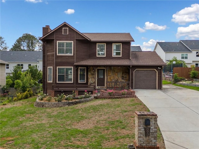 view of front of property with covered porch, a chimney, a garage, fence, and concrete driveway